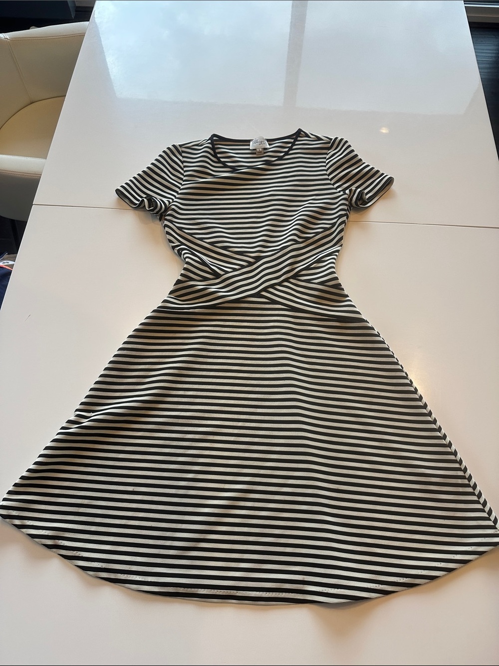 Beige by eci Black and White Striped Twist-Waist Fit & Flare Dress